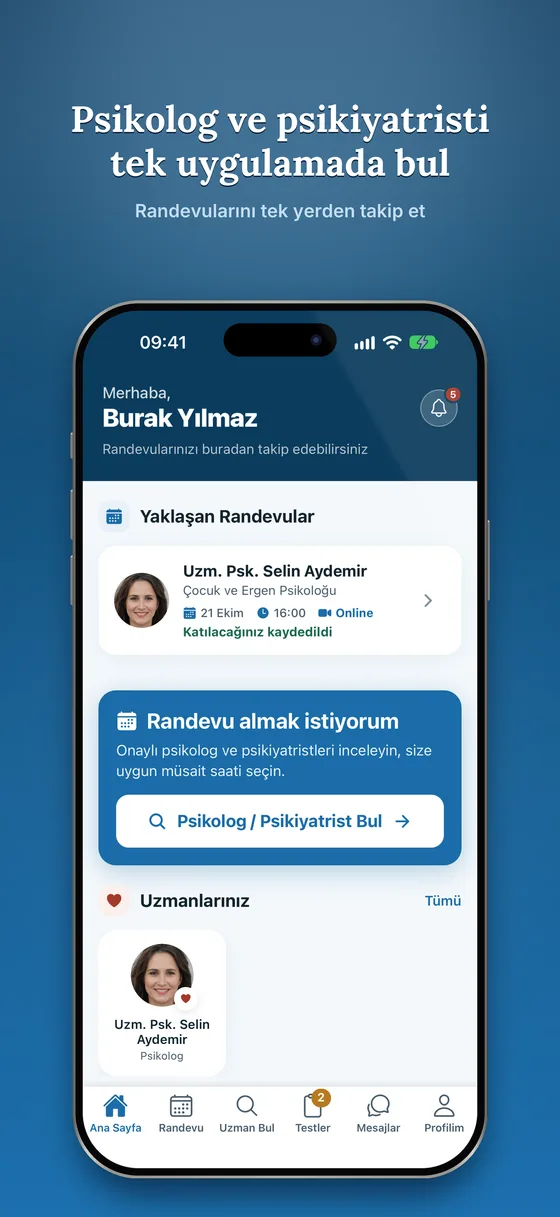 Danışan ana sayfası: yaklaşan randevular ve uzmanlarım