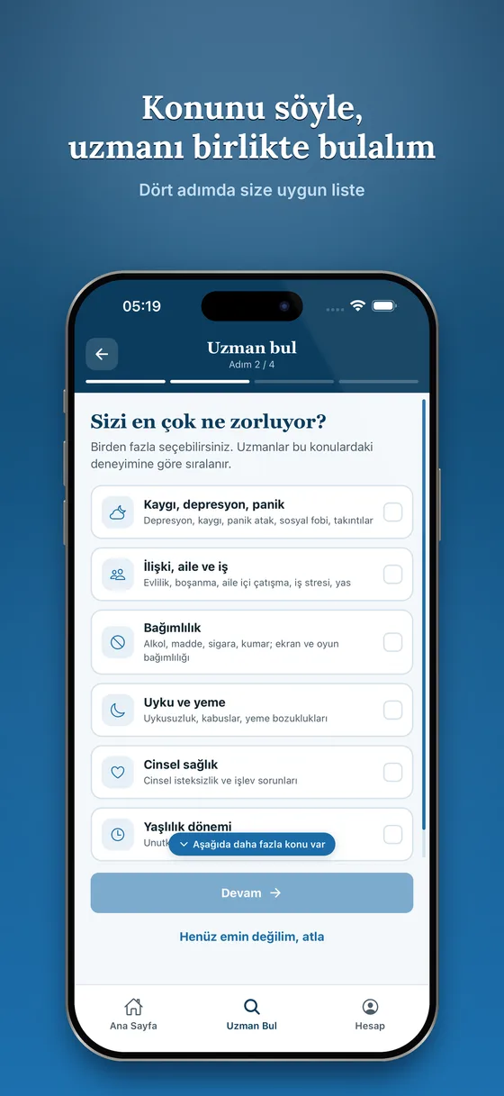 Konu seçimi ekranı: kaygı, depresyon, ilişki, uyku gibi konular