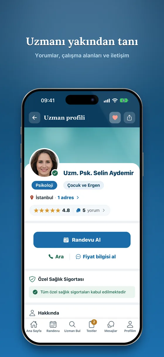 Uzman profili ekranı: unvan, çalışma alanları, il ve yorumlar