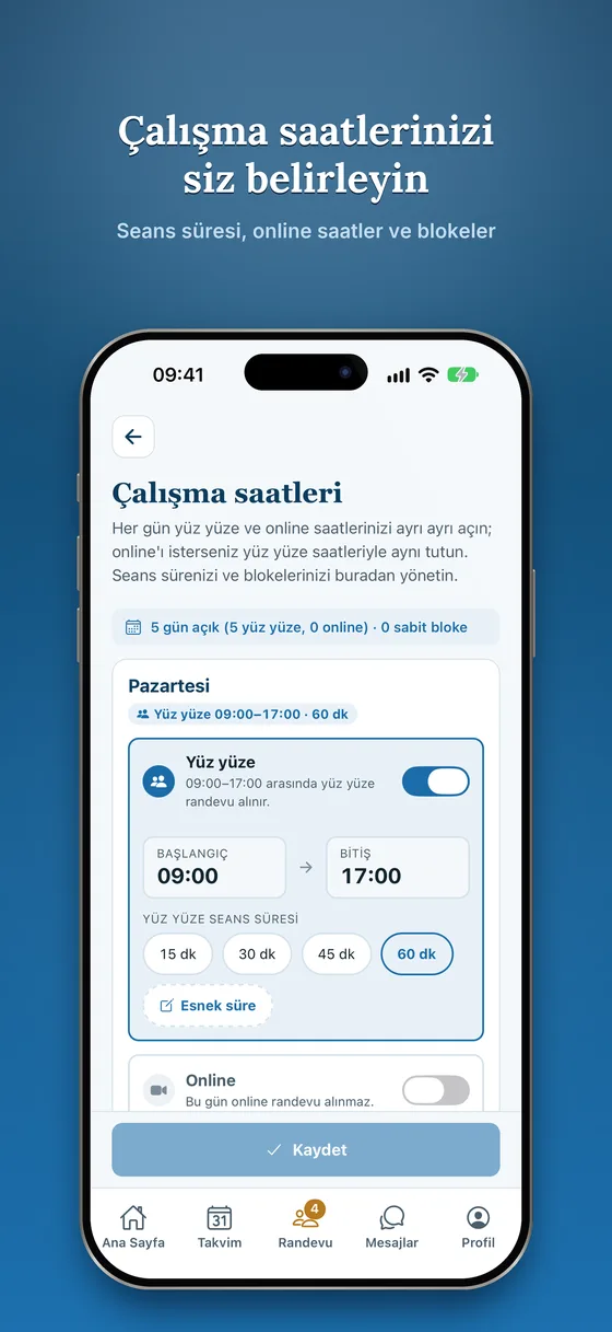 Çalışma saatleri ekranı: seans süresi, online saatler ve bloklar