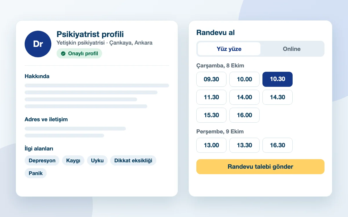 Psikiyatrist profil sayfasında Yüz yüze ve Online sekmeleri, gün seçimi ve boş muayene saatleri