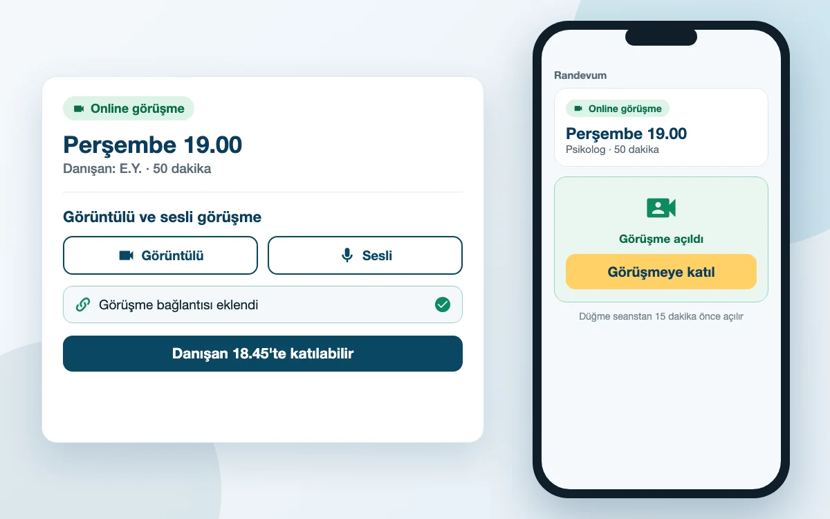 Online seans randevu kartı: görüntülü ve sesli görüşme bağlantısı ve Görüşmeye katıl düğmesi