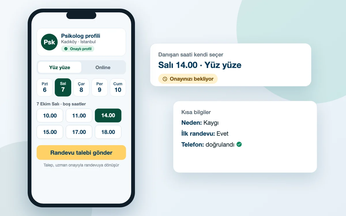 Danışanın telefonunda psikolog profili: gün şeridi, boş seans saatleri ve randevu talebi gönder düğmesi
