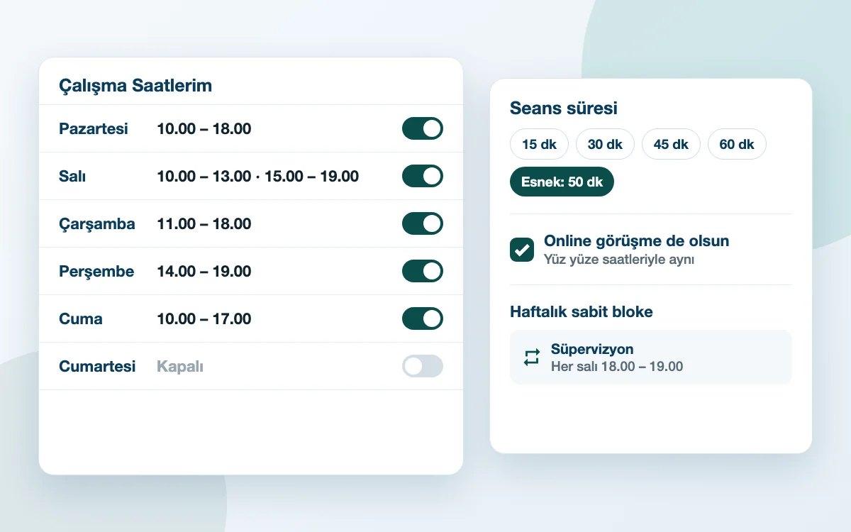 Çalışma saatleri ekranı: gün satırları, seans süresi seçenekleri ve online görüşme kutusu