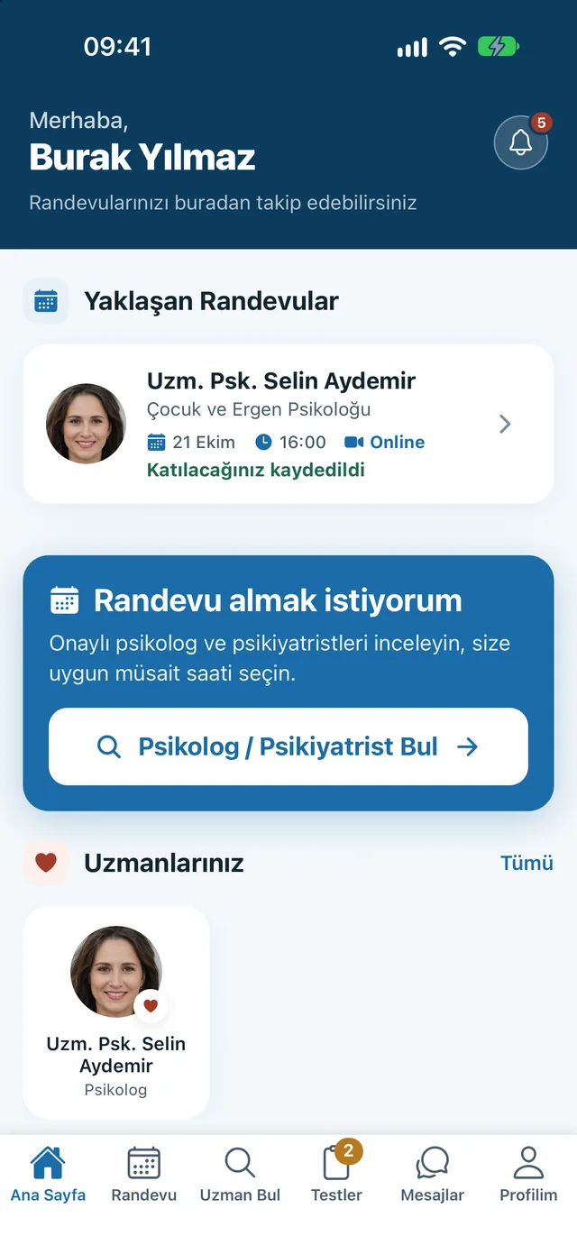Psikiyatri Rehberi uygulamasında danışan ana sayfası ekranı
