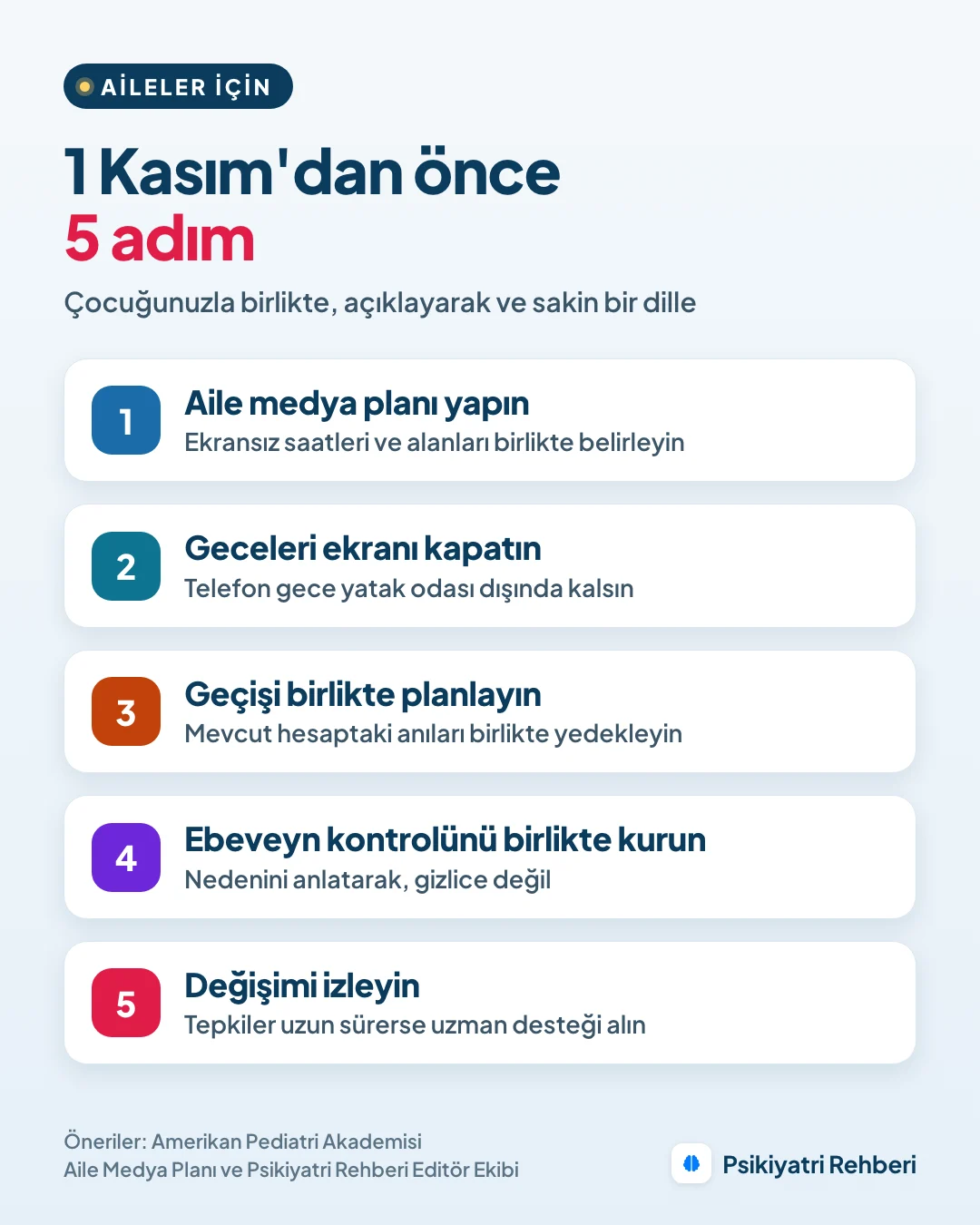 Ailelere 5 adım: birlikte aile medya planı yapın; geceleri ekranı kapatın ve telefonu yatak odası dışında bırakın; çocuğun mevcut hesabı varsa geçişi birlikte planlayın; ebeveyn kontrolünü nedenini anlatarak birlikte kurun; değişimi izleyin, tepkiler uzun sürerse destek alın.