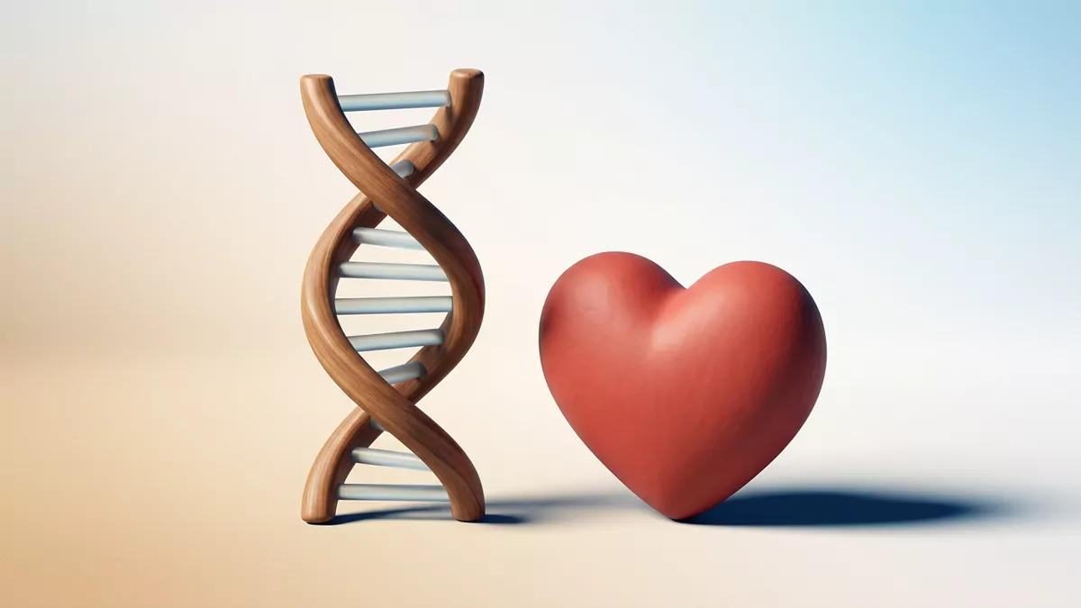 Noonan sendromu genetik yapısını ve kalp sağlığı etkilerini gösteren ahşap DNA sarmalı ile kırmızı kalp modeli.