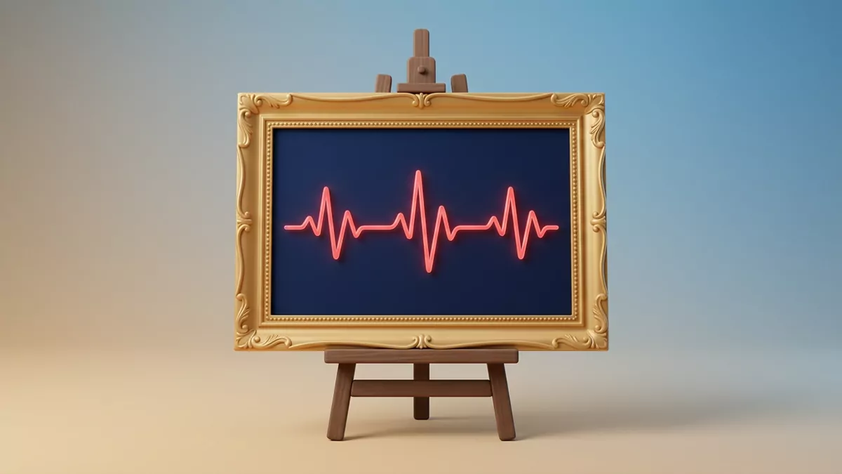 Sanat eserleri karşısında heyecanlanmayı simgeleyen altın resim çerçevesi içindeki kalp ritmi dalgası ile Stendhal sendromu görseli.